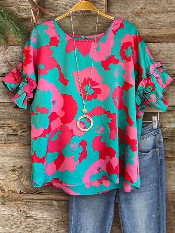 Abstract Floral Print Ruffle Sleeve Top
