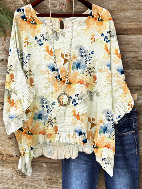Floral Print Double Ruffle Top