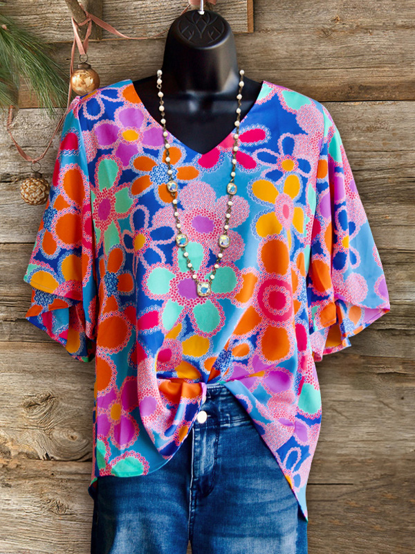 Vibrant Floral Print Wide Sleeve Top