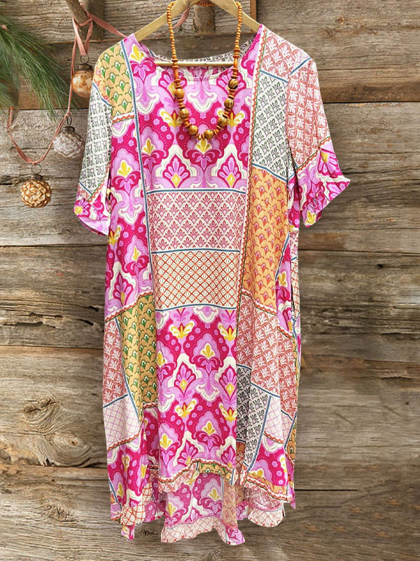 Ethnic Print Double Ruffle Sleeve Dress