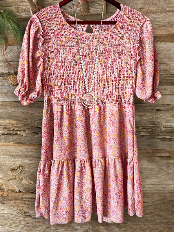 Sweet Floral Dress With Parallel Shirring