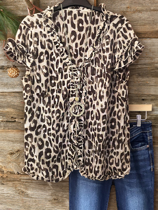 Leopard Print Ruffled Button-Down Shirt
