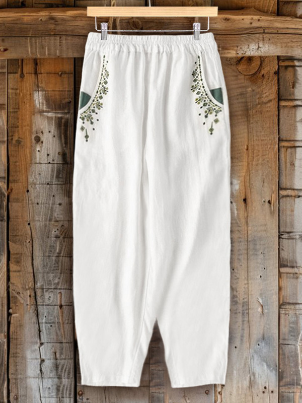 Cropped Carrot Pants With Embroidery Details
