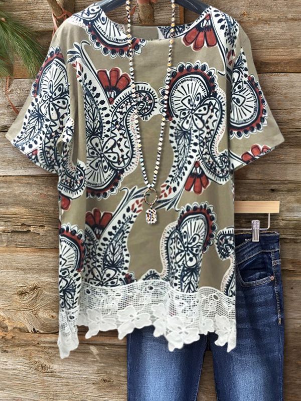 Casual Round Neck Short Sleeve Tribal Printed T Shirt