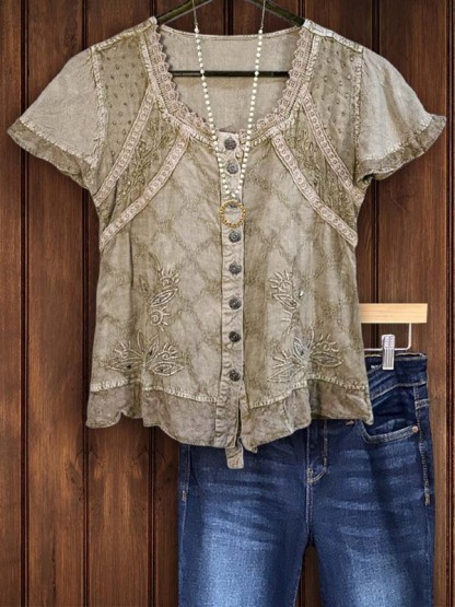 Elegant Floral Embroidered Lace Short Sleeve Top