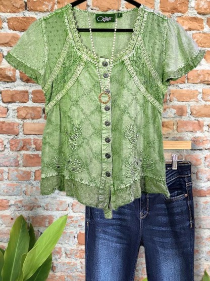 Elegant Floral Embroidered Lace Short Sleeve Top