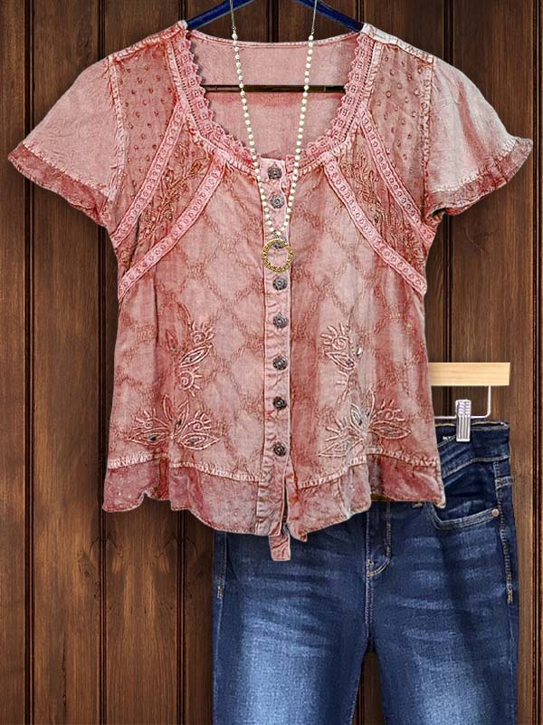 Elegant Floral Embroidered Lace Short Sleeve Top