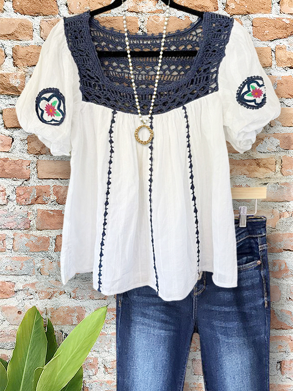 Women's top | Casual Holiday Crochet Embroidered Top |Website-shopcharmingrose