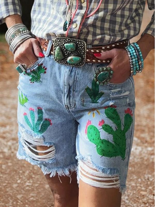 Western Cactus Print Distressed Denim Shorts