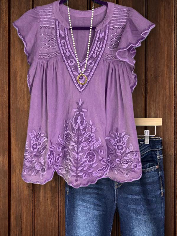 Vintage Floral Embroidered Short-Sleeved Top