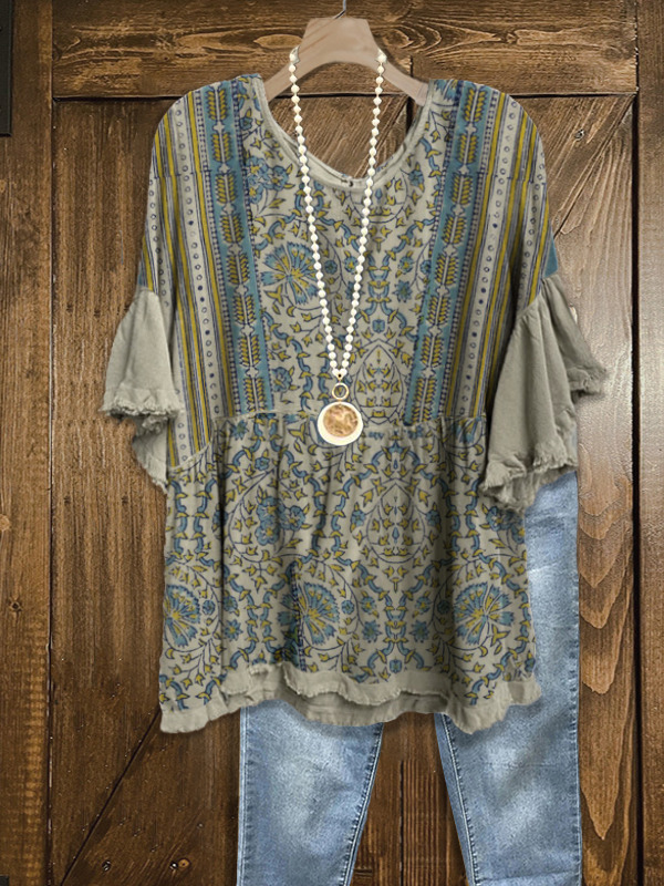 Women's top | Retro Pattern Patchwork Ruffle Sleeve Top |Website-shopcharmingrose