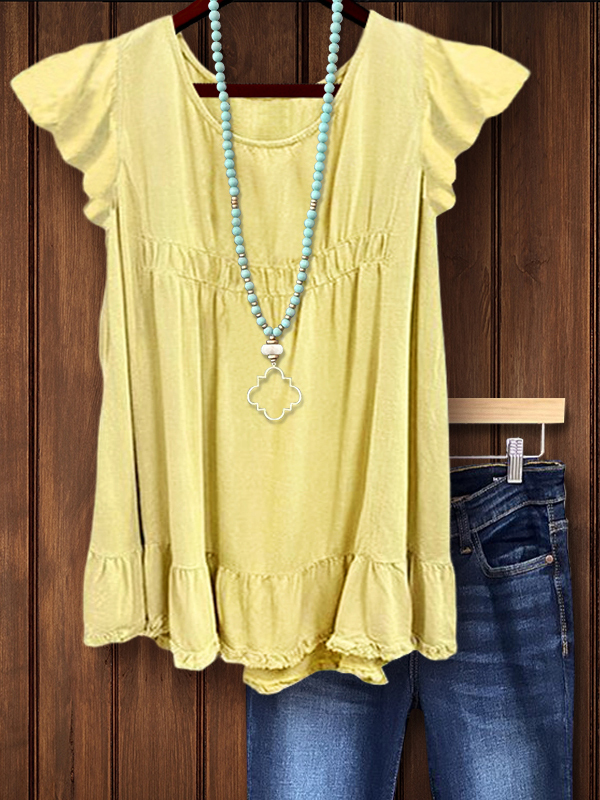 Women's top | Sweet Ruffle Sleeve Cotton Linen Top |Website-shopthehoney