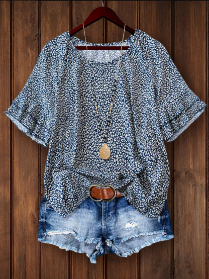 Leopard Print Double Layer Ruffle Sleeve Top
