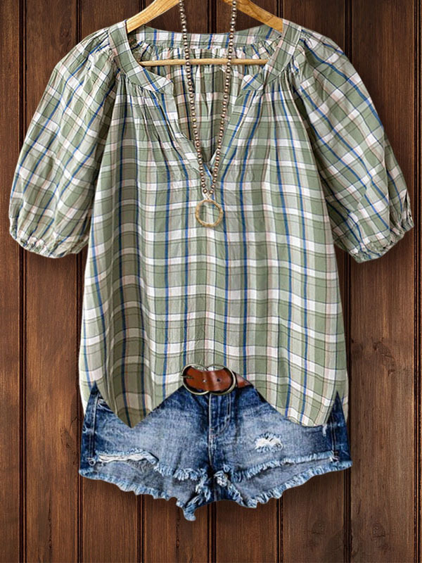 Women's top | Casual Plaid Print V Neck Top |Website-shopcharmingrose