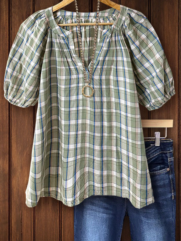 Casual Plaid Print V Neck Top