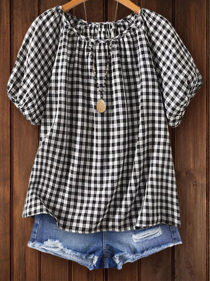 Cotton Casual Plaid Ruched Detail Top