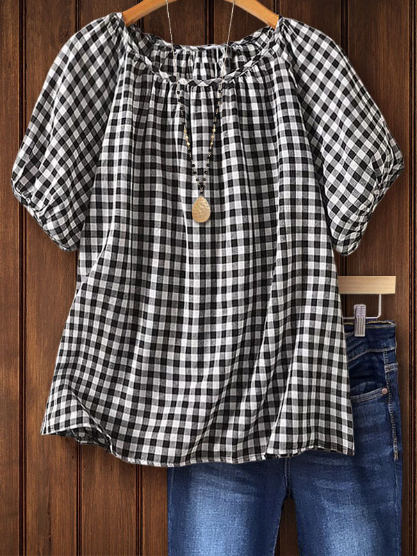 Cotton Casual Plaid Ruched Detail Top
