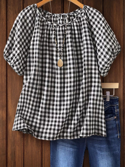 Cotton Casual Plaid Ruched Detail Top