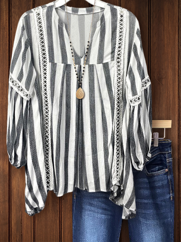 Women's top | Casual Vertical Striped Webbing Patchwork Top |Website-shopcharmingrose