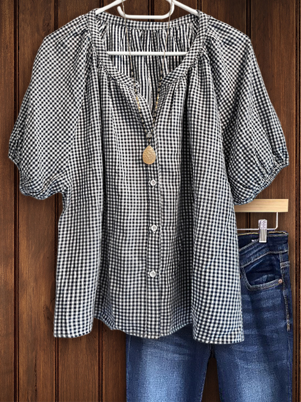 Cotton Plaid Button Down V Neck Blouse
