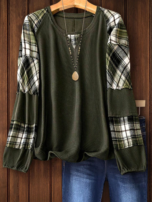 Women's top | Casual Waffle Plaid Patchwork Pullover |Website-shopcharmingrose