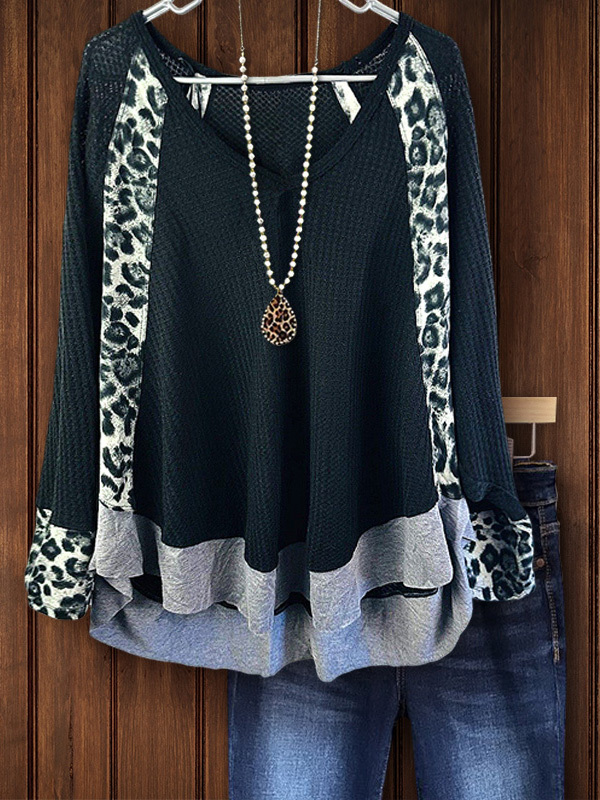 Women's top | Waffle Leopard Print Patchwork Pullover |Website-shopcharmingrose