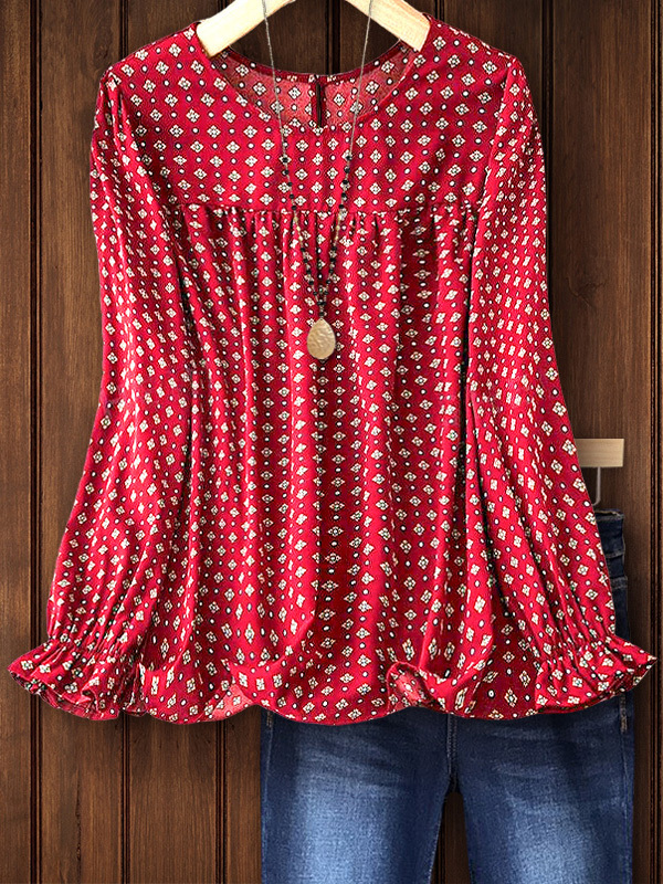 Women's top | Retro Printed Ruffle Sleeve Top |Website-shopcharmingrose
