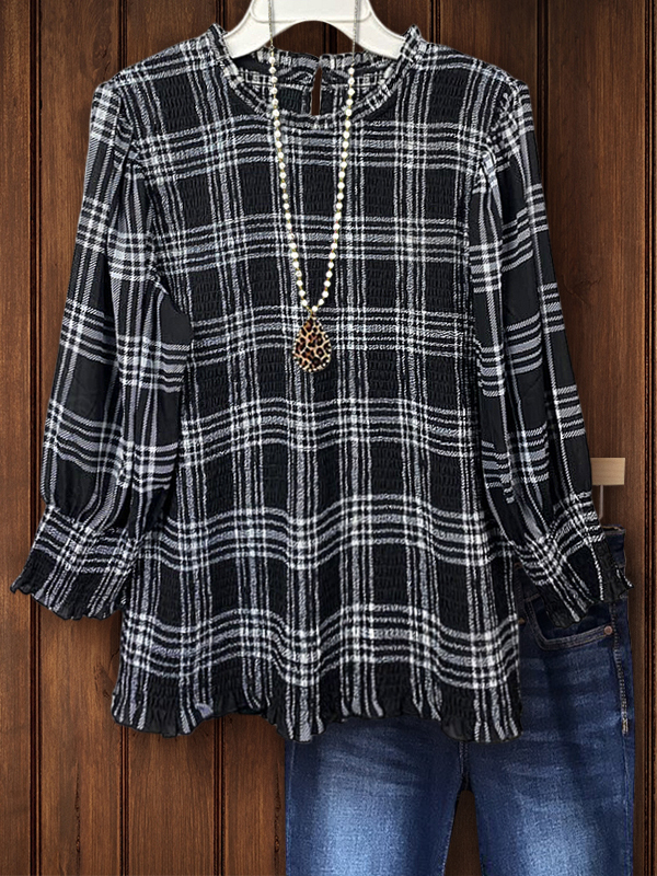 Women's top | Casual Plaid Gathered Detail Top |Website-shopcharmingrose