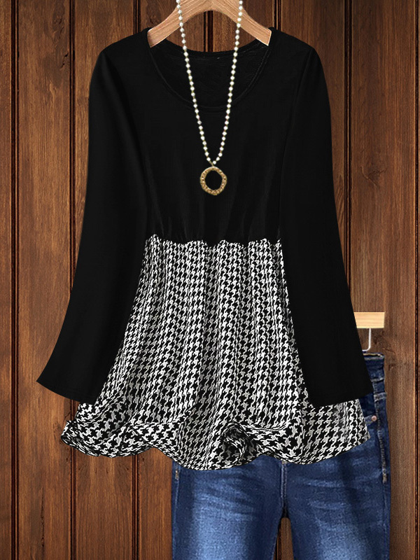 Women's top | Houndstooth Print Ruffled Hem Patchwork Top |Website-shopcharmingrose