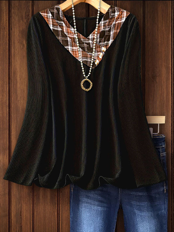 Women's top | Plaid Patchwork V-Neck Textured Knit Top |Website-shopcharmingrose