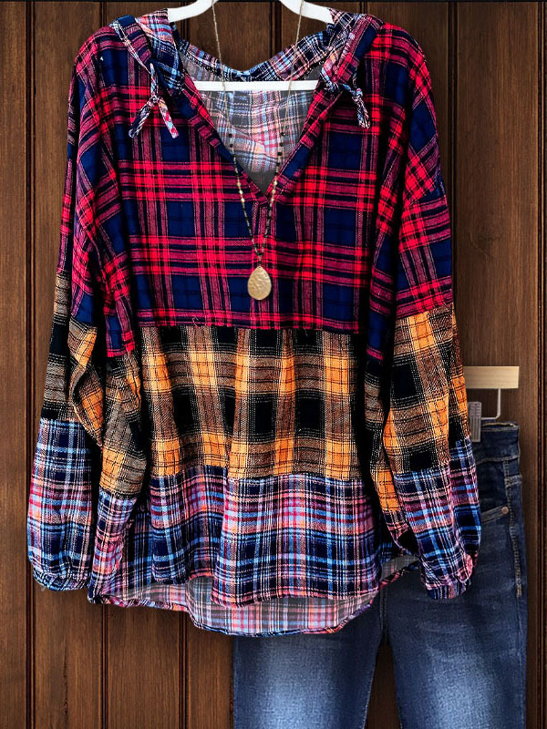 Women's top | Cotton Mixed Plaid Patchwork Hoodie |Website-shopcharmingrose