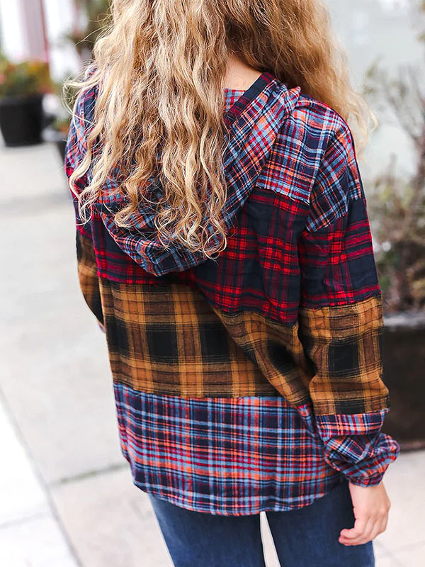Cotton Mixed Plaid Patchwork Hoodie