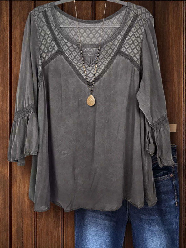 Women's top | Retro Plaid Webbing Patchwork Ruffle Sleeve Top |Website-shopcharmingrose