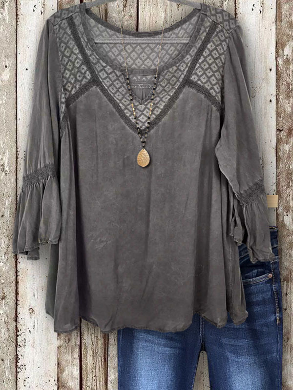 Retro Plaid Webbing Patchwork Ruffle Sleeve Top