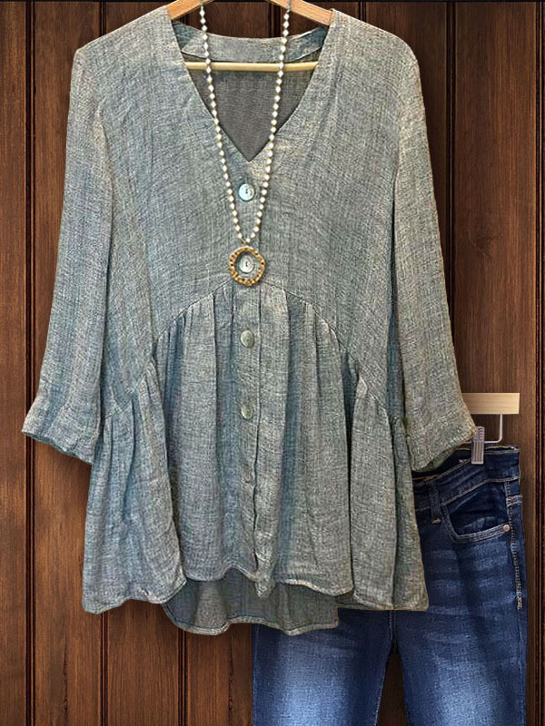 Women's top | Cotton Linen Ruffled Hem V-Neck Blouse |Website-shopcharmingrose