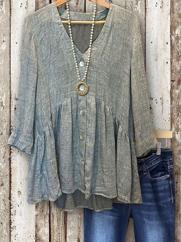 Cotton Linen Ruffled Hem V-Neck Blouse