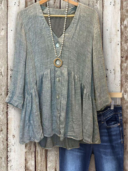 Cotton Linen Ruffled Hem V-Neck Blouse