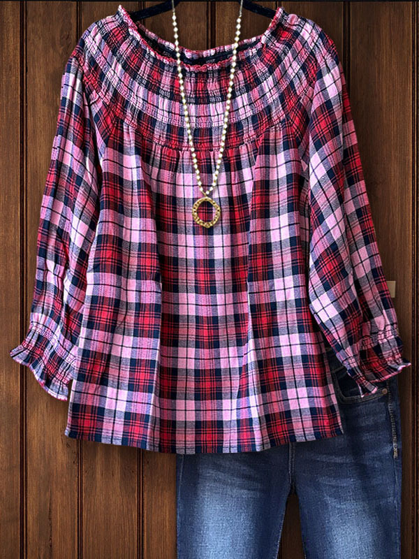 Women's top | Contrast Plaid Gathered Stretch Crew Neck Top |Website-shopcharmingrose
