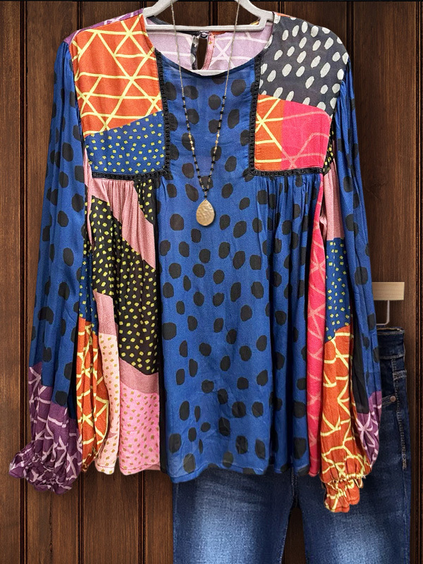 Women's top | Mixed Print Webbing Patchwork Top |Website-shopcharmingrose