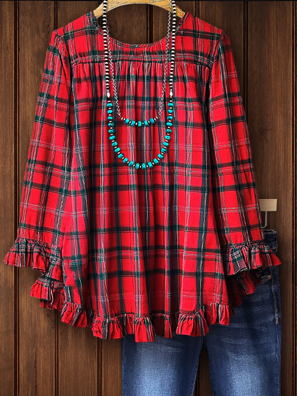 Women's top | Classic Plaid Cotton Ruffle Sleeve Top |Website-shopcharmingrose