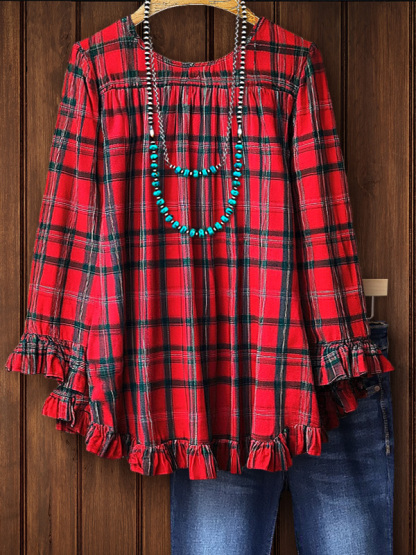 Classic Plaid Cotton Ruffle Sleeve Top
