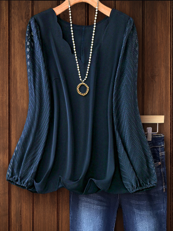 Women's top | Curve Elegant Lace Patchwork Petal V-Neck Top |Website-shopcharmingrose