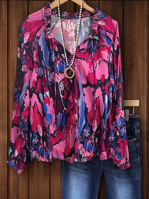 Women's top | Elegant Contrast Printed Ruffled V-Neck Top |Website-shopcharmingrose