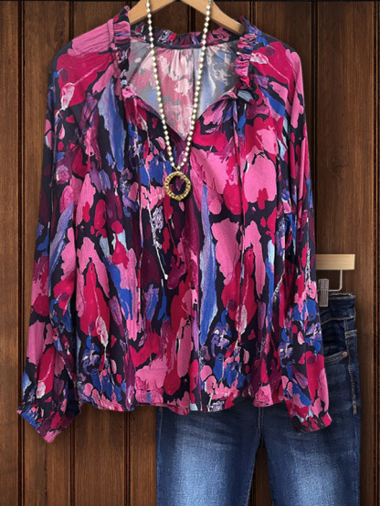 Elegant Contrast Printed Ruffled V-Neck Top
