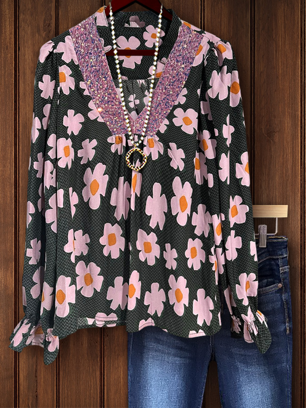 Playful Floral Sequined Patchwork Ruffle Sleeve Top