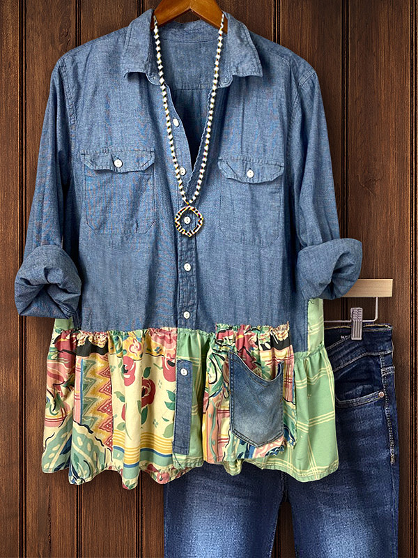 Denim Blue Patchwork Ruffled Hem Top
