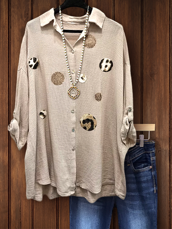 Casual Textured Animal Print Roll-Sleeve Top