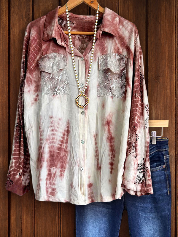 Retro Tie-Dye Print Sequin Pocket Shirt