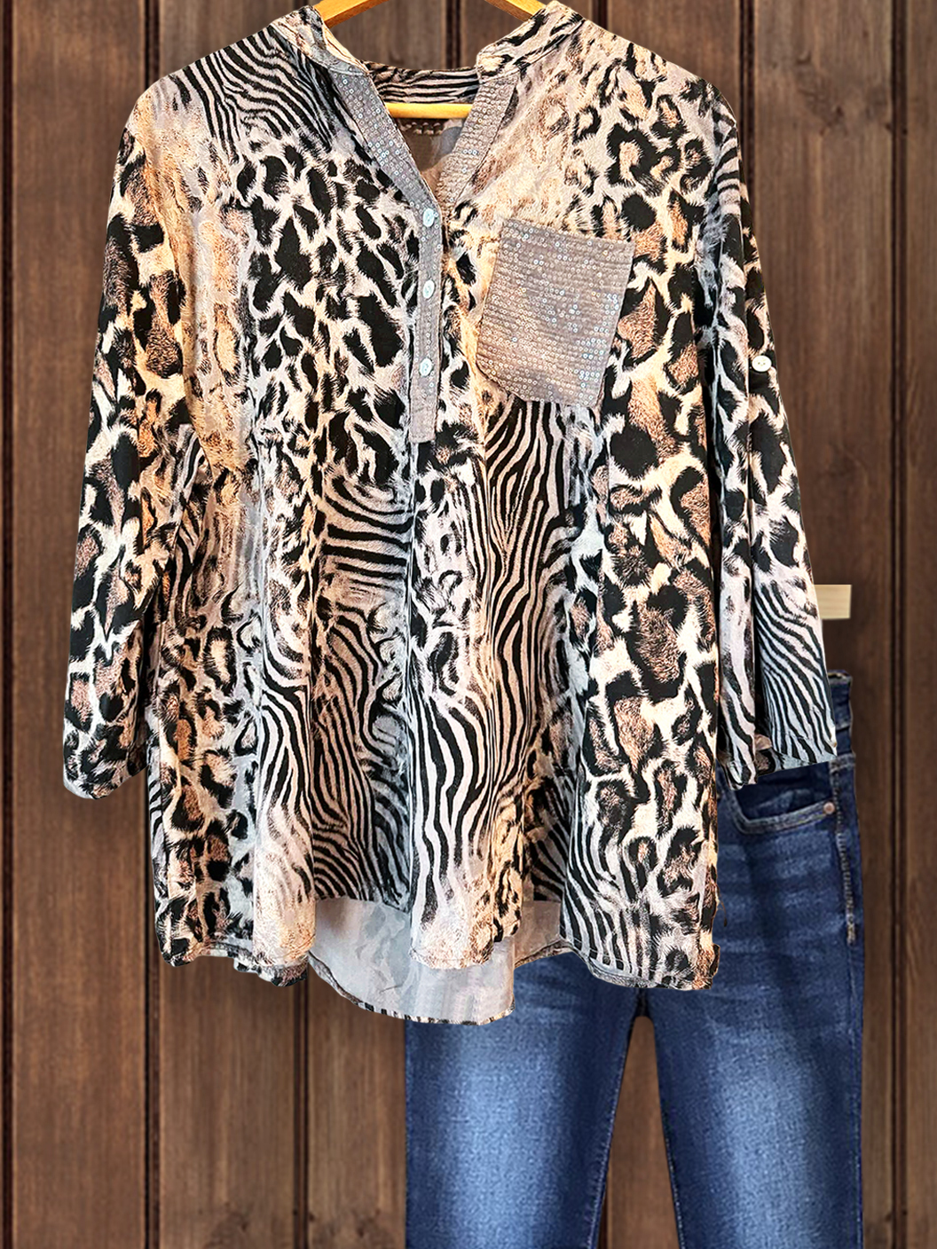 Classic Leopard Print Sequined Patchwork Top