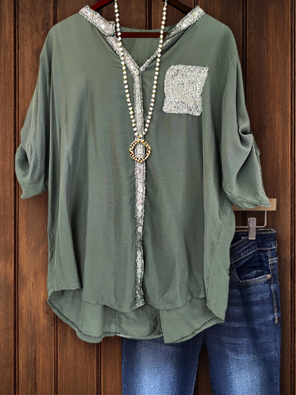 Charming Sequined Patchwork Rolled-Sleeve Shirt
